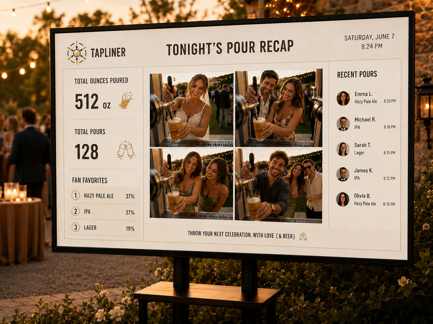 Tapliner's live event screen showing the night's pour recap at a wedding